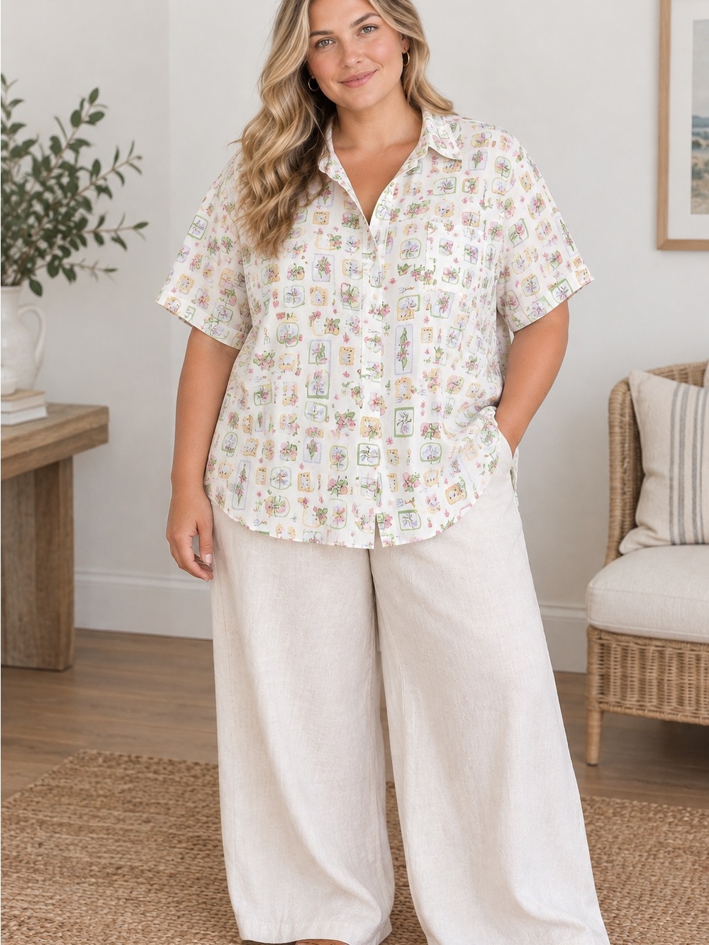 Basic Editions Cream Button-Down Shirt with Pastel Floral Motif